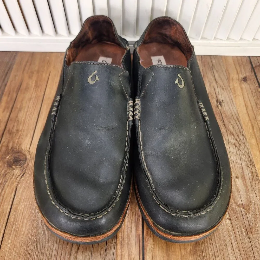 Olukai Moloa Leather Slip On Shoes Mens Sz 12 Black Brown Moc Toe Casual Loafers